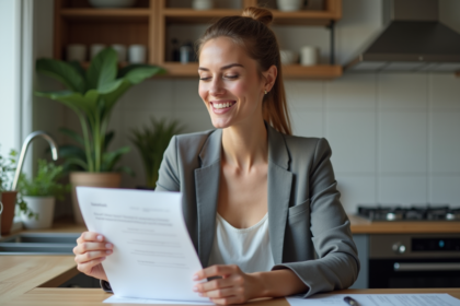 Jeune femme avec permis de conduire dans une cuisine moderne