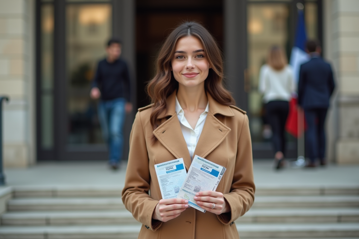 Jeune femme francaise tient deux permis devant un bâtiment officiel