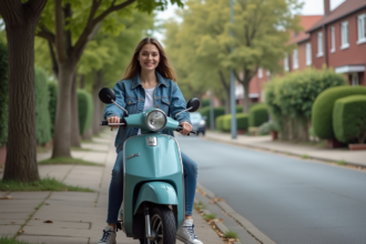 Jeune femme souriante sur scooter en quartier résidentiel