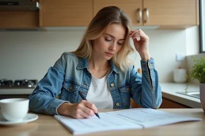Jeune femme concentrée à son test de conduite à la maison