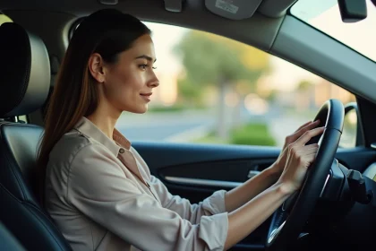 Jeune femme ajustant l'écran tactile du tableau de bord