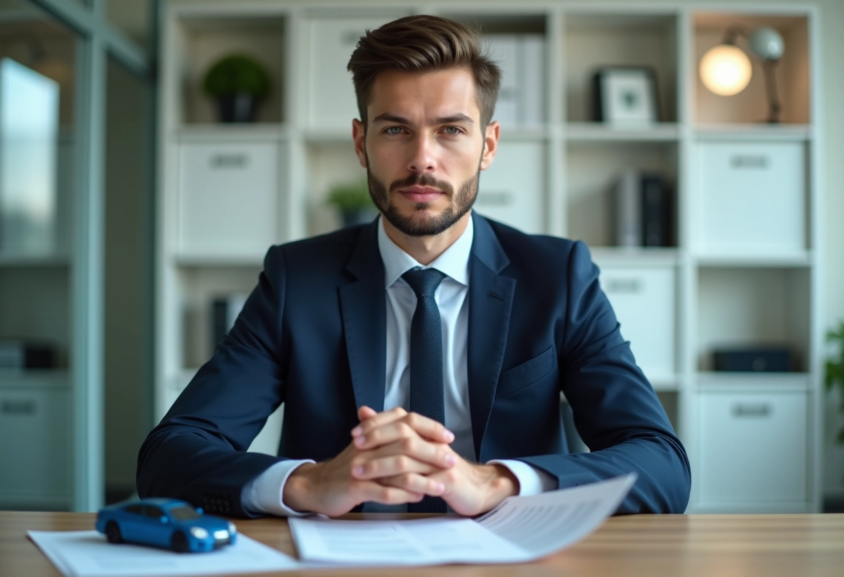 Jeune homme en costume explique options d