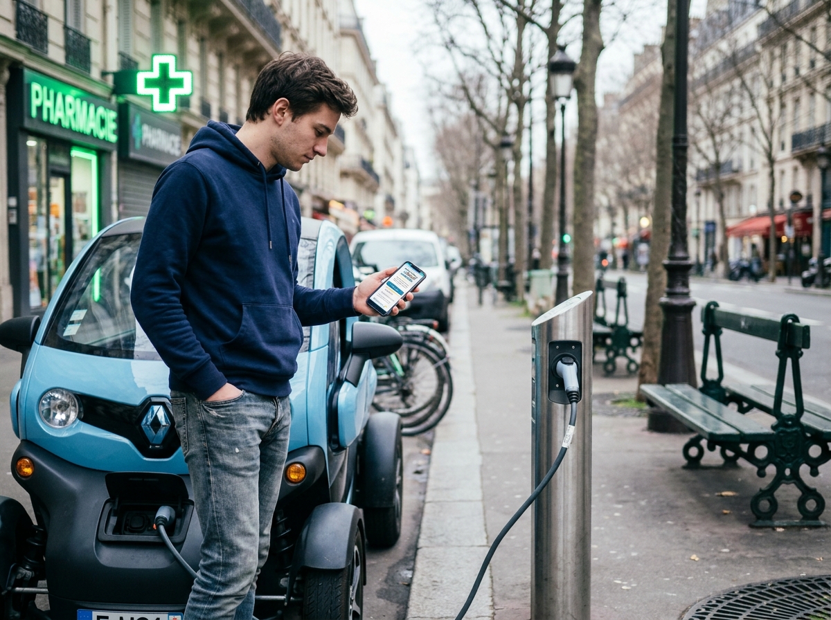 Jeune homme consultant une application d'assurance sur son téléphone à côté d'une voiture sans permis électrique en ville