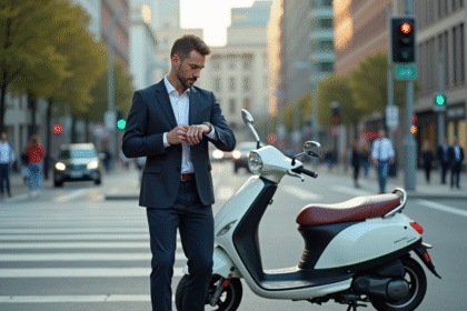 Jeune homme en costume attend au croisement en ville