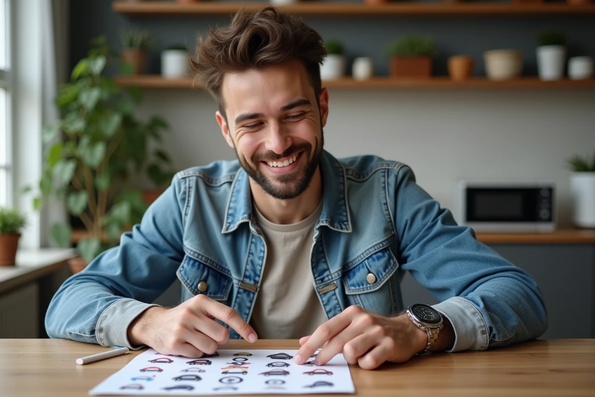 Jeune homme étudiant un tableau de logos automobiles dans une cuisine moderne