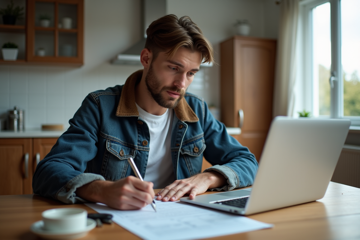 Jeune homme remplissant un formulaire de véhicule à la maison