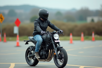 Jeune homme en moto lors d'un test sur piste extérieure