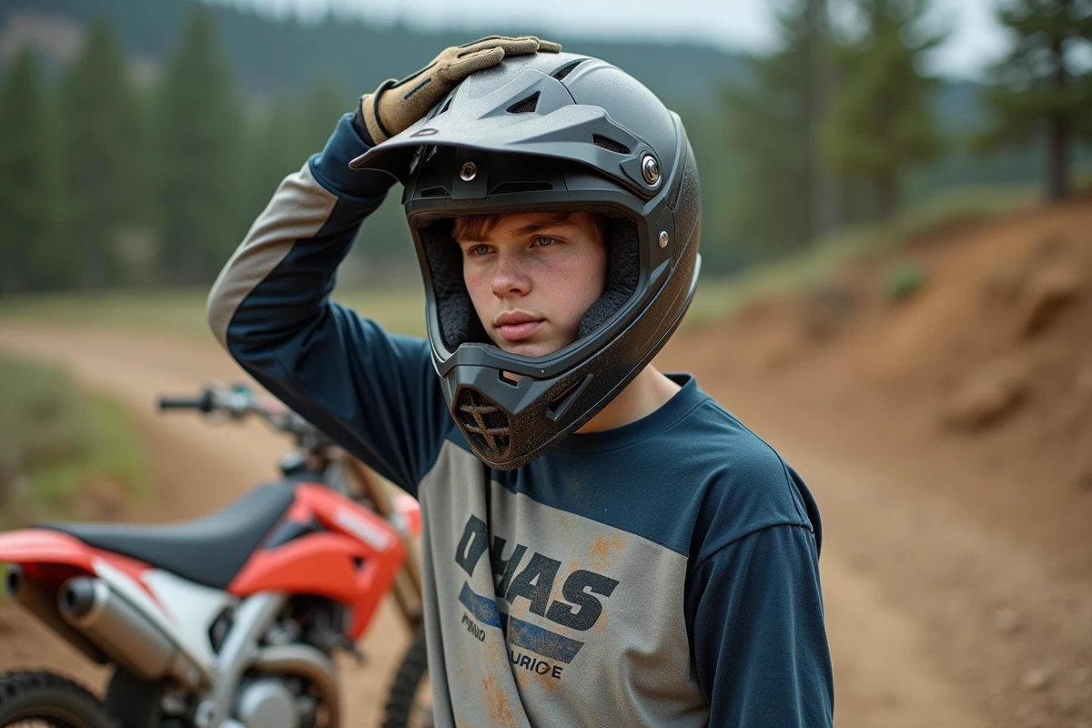 Jeune homme motocross tenant son casque près de la tête