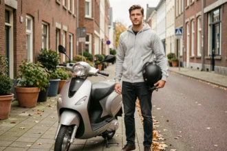 Jeune homme avec un scooter 50cc en milieu urbain, illustrant l'assurance scooter en Belgique