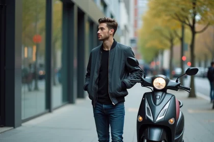 Jeune homme avec scooter 50cc en ville moderne