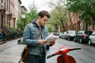 Jeune homme vérifiant documents près de son scooter rouge