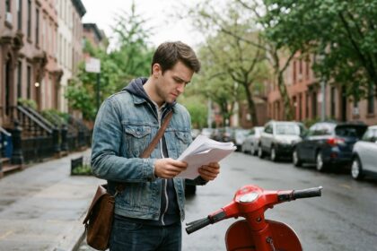 Jeune homme vérifiant documents près de son scooter rouge