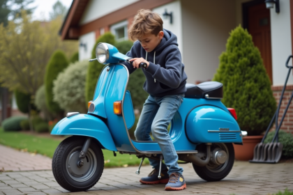 Jeune garçon ajustant le carburateur de son scooter bleu