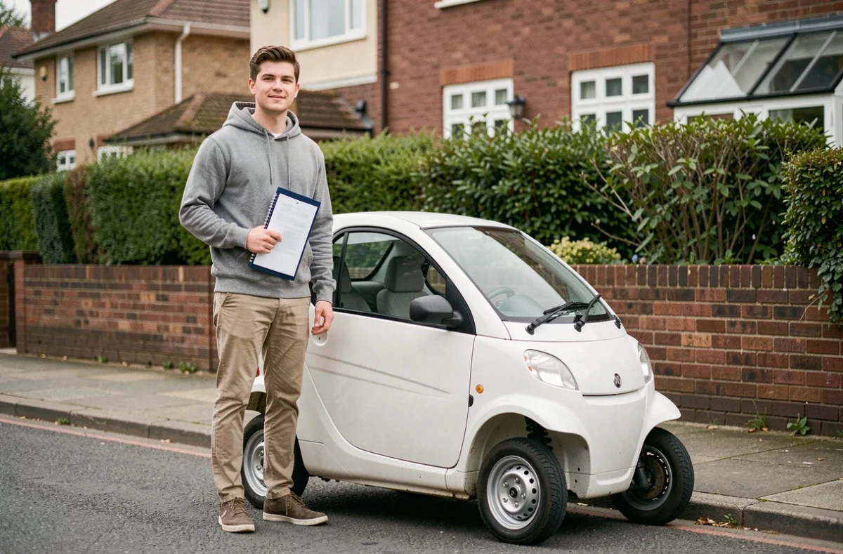 Jeune homme avec une voiture sans permis quatre places et ses documents d'autorisation de conduite