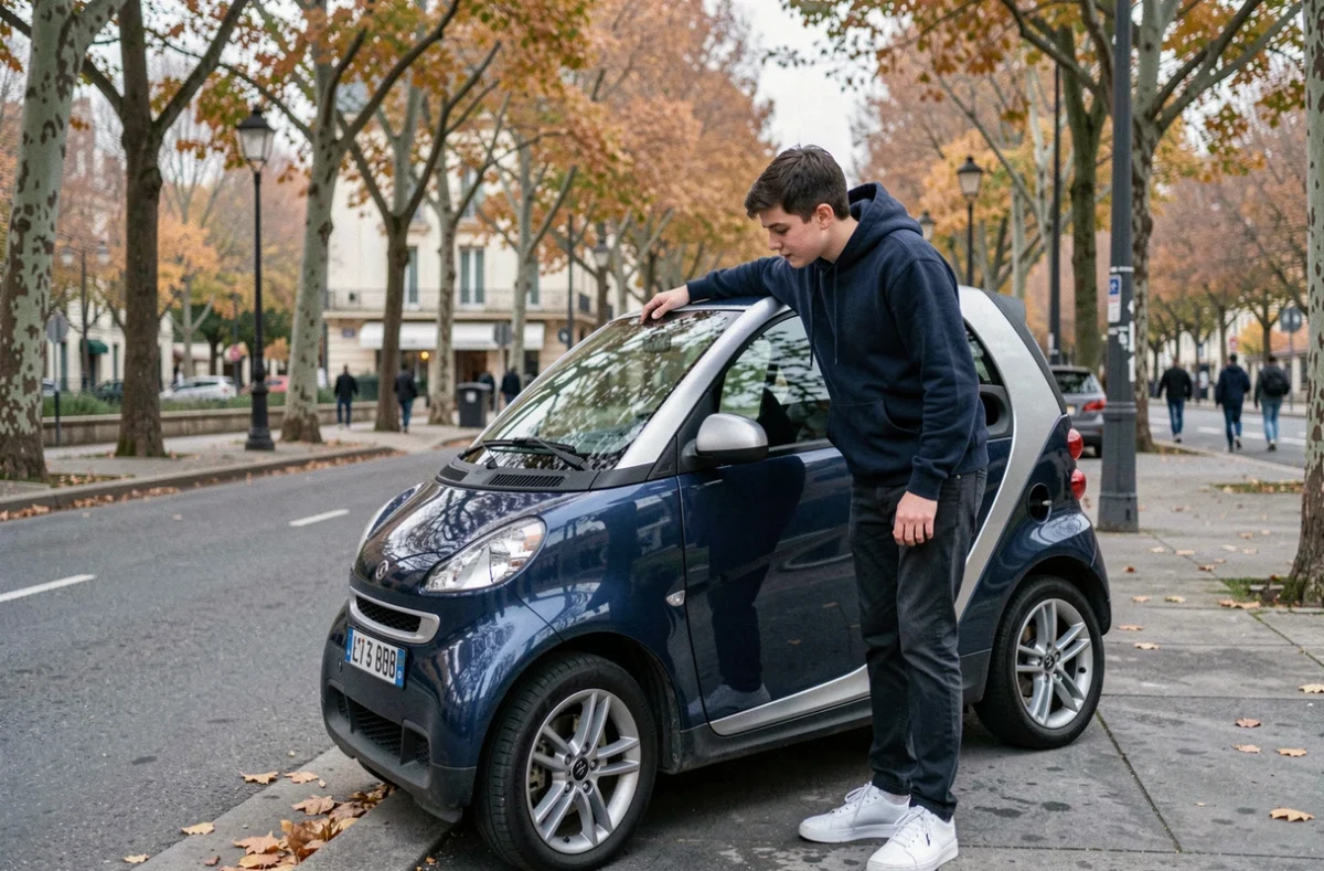 Adolescent inspectant une voiture sans permis électrique garée sur un boulevard de Saint-Étienne en automne