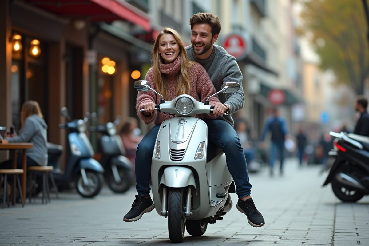 Jeunes amis riant dans un sidecar en ville