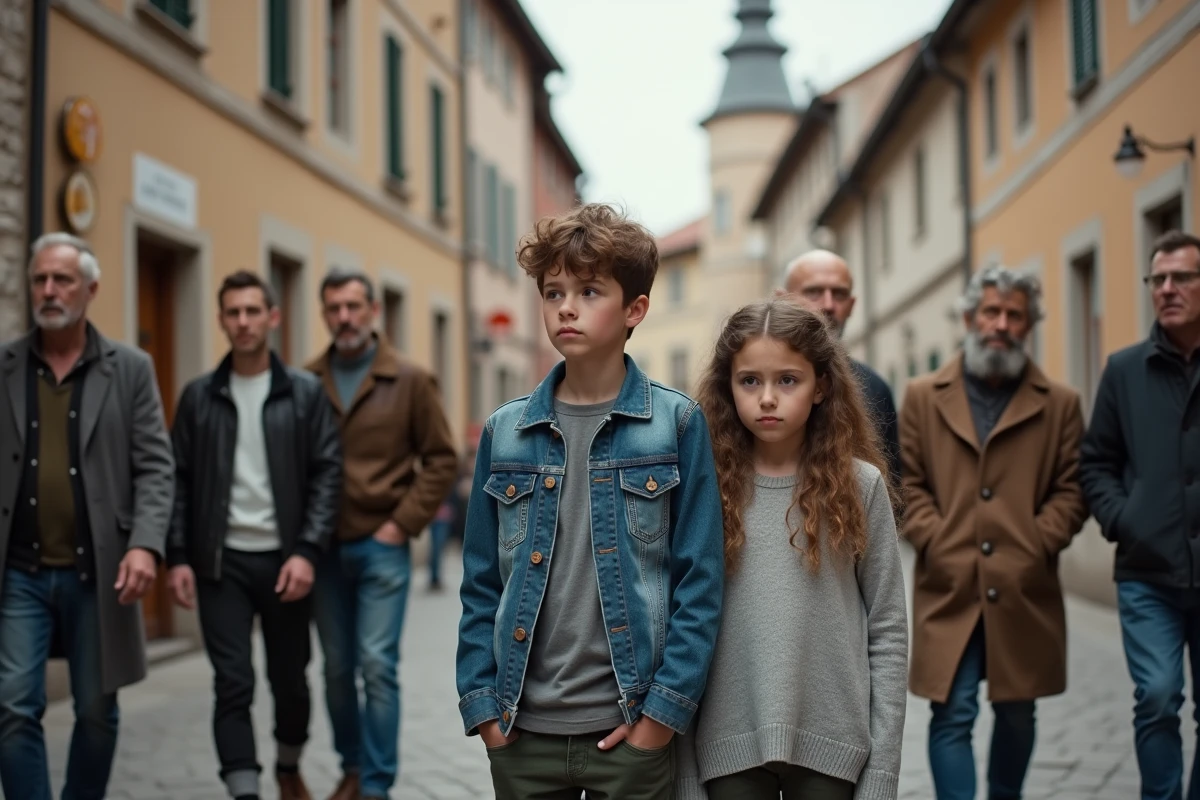 Jeune garçon et fille observant dans une place de village