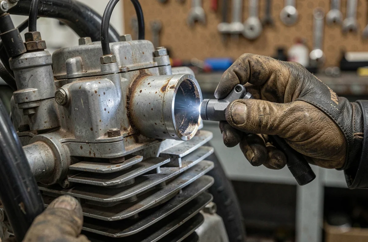 Gros plan sur le carburateur et le moteur d'une Kawasaki KZ400 vintage lors d'une vérification technique