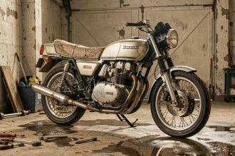 Kawasaki KZ400 d'époque garée dans un garage béton, inspection mécanique avant achat d'occasion