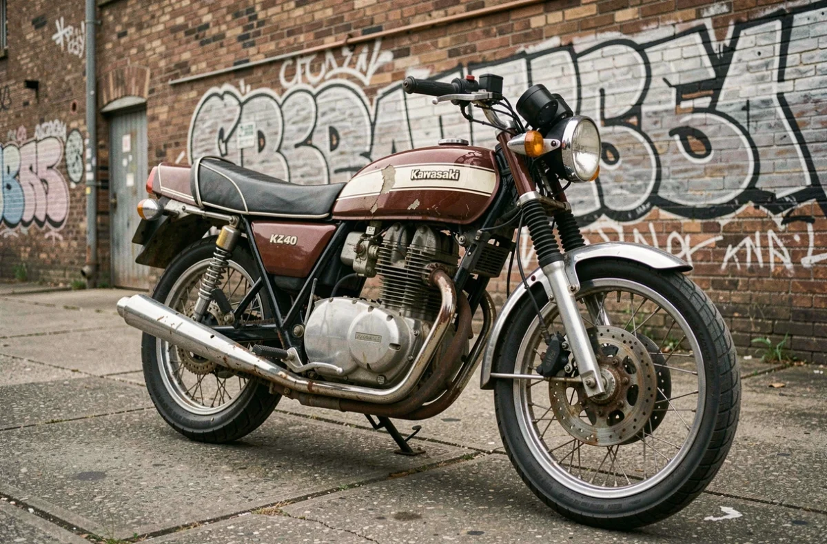 Kawasaki KZ400 des années 70 vue de profil en extérieur, détails usure jantes et freins à contrôler
