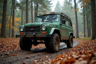 Lada Niva 4x4 garée sur un chemin forestier boueux en forêt de pins, illustration prix et remises constructeur
