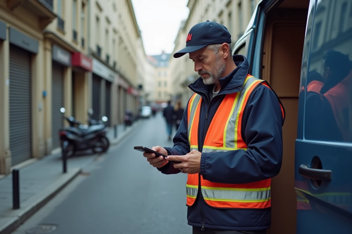 Livreur parisien en veste réfléchissante vérifiant son appareil