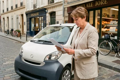 Femme consultant un contrat de location de voiture sans permis dans une rue française