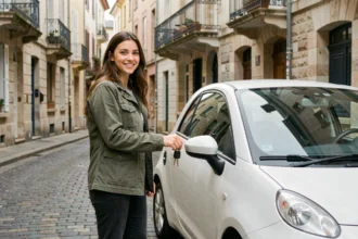 Jeune femme tenant les clés d'une voiture sans permis louée à Saint-Étienne dans une rue typique de la ville