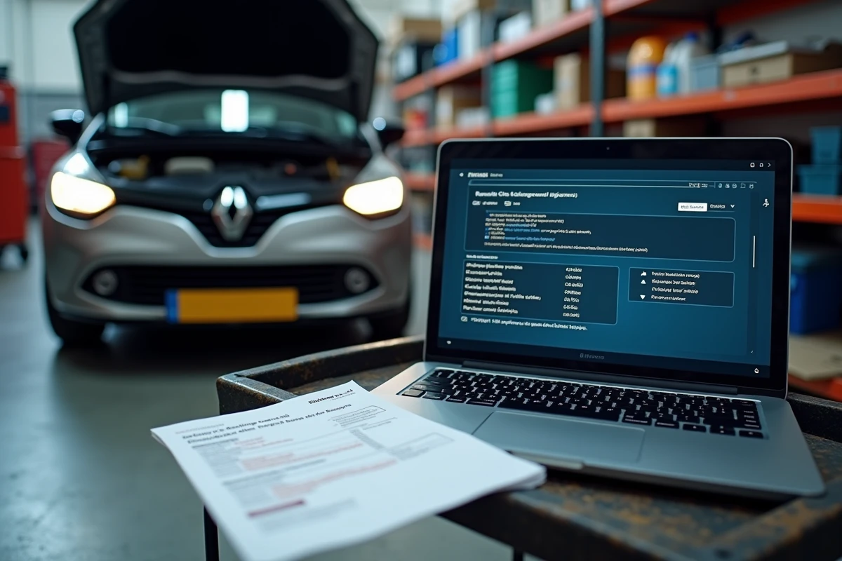 Ordinateur portable affichant des codes défauts d'injection sur logiciel de diagnostic automobile posé sur un chariot d'atelier devant une Renault Clio 5 capot ouvert