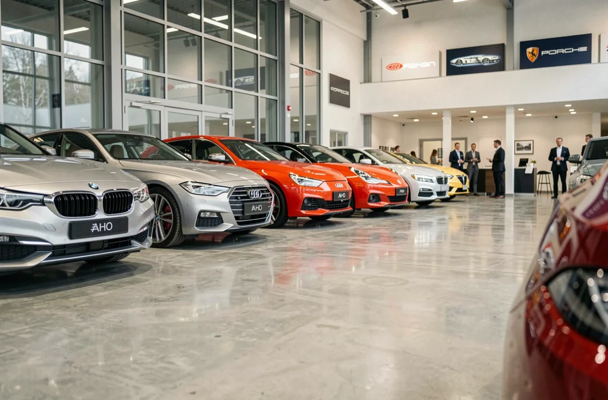 Salle d'exposition automobile avec plusieurs voitures de luxe aux logos visibles — BMW, Audi, Ferrari et Porsche — dans un concessionnaire moderne