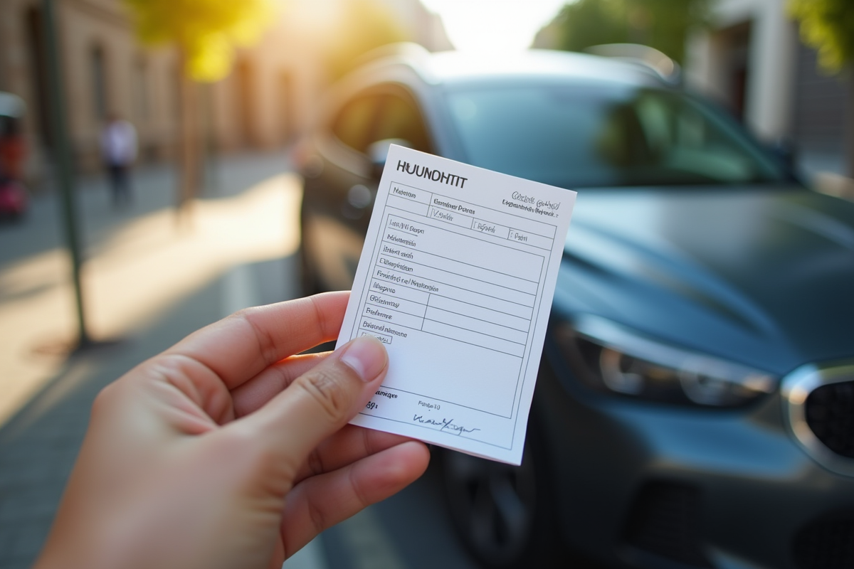 Main tenant une carte grise française avec voiture en arrière-plan