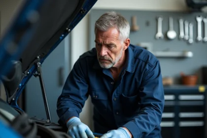 Mécanicien inspectant le turbocompresseur d'une Peugeot pour diagnostiquer le code défaut P2563