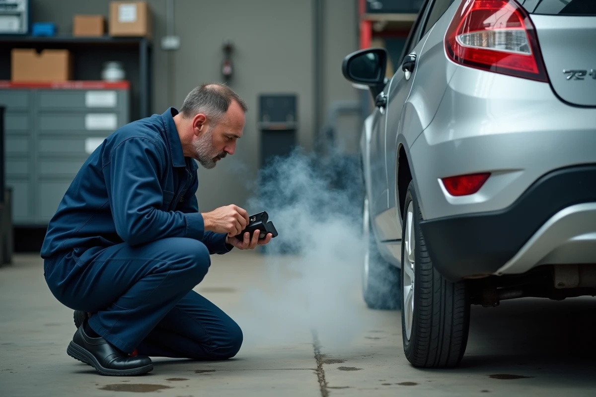 Mécanicien diagnostiquant une fumée blanche au pot d'échappement d'un moteur HDi dans un garage automobile