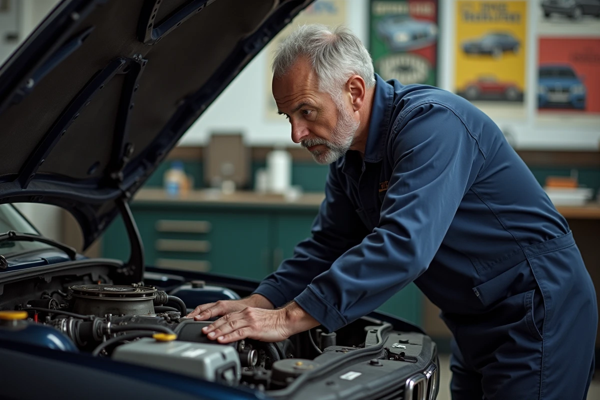 Mécanicien inspectant le moteur M20 d'une BMW E30 de 1990 dans un garage indépendant, contrôle avant achat youngtimer