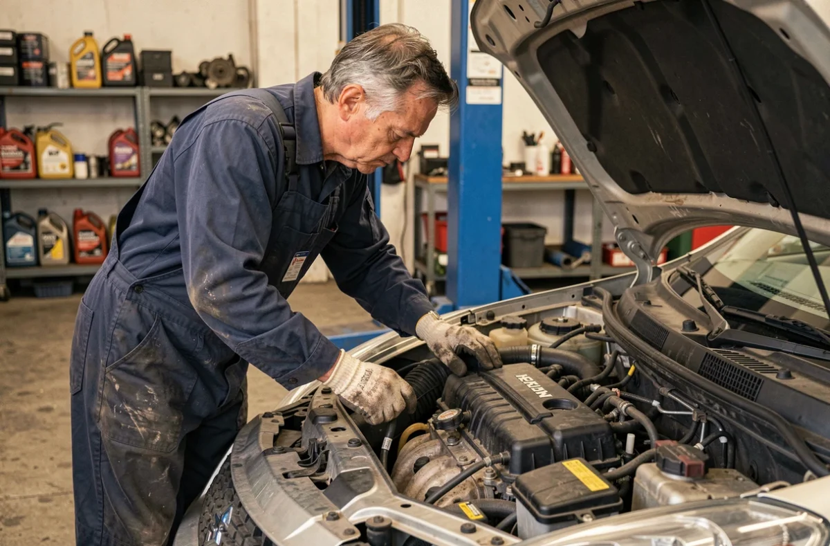 Mécanicien inspectant le moteur diesel 1.3 DDiS d'une Suzuki Swift dans un garage automobile indépendant