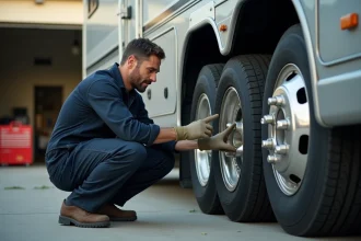 Mécanicien inspectant le pneu arrière d'un camping-car sur une aire de service extérieure, vérifiant l'indice de charge sur le flanc du pneumatique