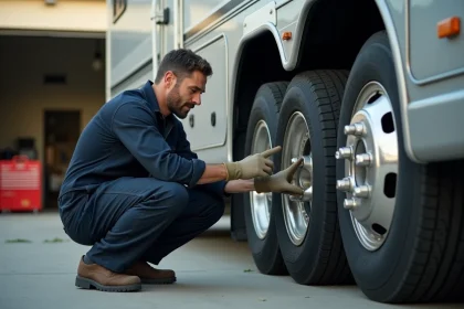 Mécanicien inspectant le pneu arrière d'un camping-car sur une aire de service extérieure, vérifiant l'indice de charge sur le flanc du pneumatique