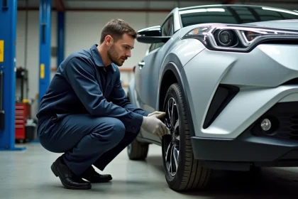 Mécanicien inspectant une Toyota C-HR d'occasion dans un garage, vérification des freins et de la carrosserie avant achat