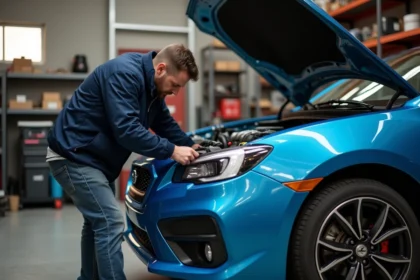 Homme en train d'installer un kit performance sous le capot d'une voiture bleue