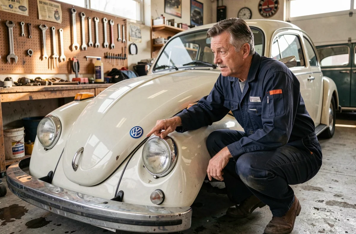 Mécanicien d'âge moyen pointant le logo emblématique VW d'une Volkswagen Coccinelle vintage dans un atelier de garage authentique