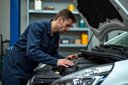 Mécanicien inspectant le moteur 1.5 dCi d'une Renault dans un garage automobile professionnel