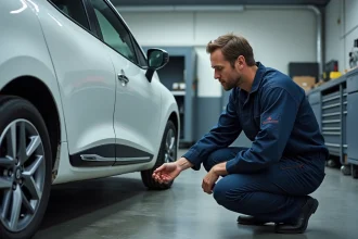 Mécanicien examinant la plaque constructeur d'une Renault Clio pour vérifier le PTAC et la charge utile