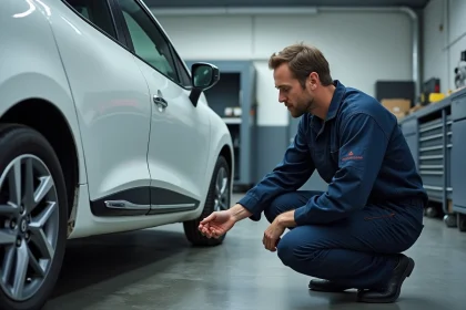 Mécanicien examinant la plaque constructeur d'une Renault Clio pour vérifier le PTAC et la charge utile