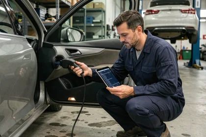 Mécanicien professionnel connectant un scanner OBD2 sous le tableau de bord d'une voiture pour lire les codes DTC dans un garage automobile