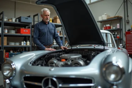 Homme d'âge moyen examinant le moteur d'une Mercedes 300 SL vintage