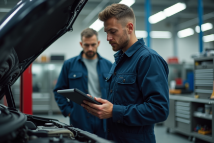 Mécanicien homme en overalls examine un moteur moderne