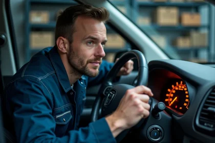 Mécanicien inspectant les voyants allumés sur le tableau de bord d'un Dacia Duster dans un garage automobile