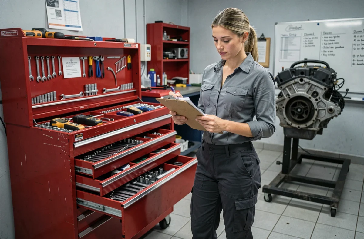 Mécanicienne devant un coffre à outils rouge bien organisé dans un atelier automobile équipé