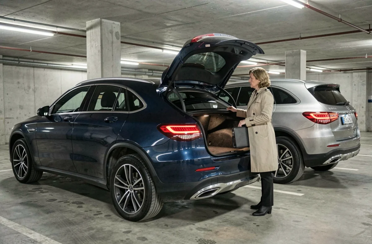 Femme évaluant l'espace du coffre d'un Mercedes GLC Coupé bleu dans un parking souterrain