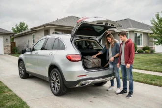 Famille inspectant le coffre spacieux d'un Mercedes GLC SUV argent dans une allée résidentielle